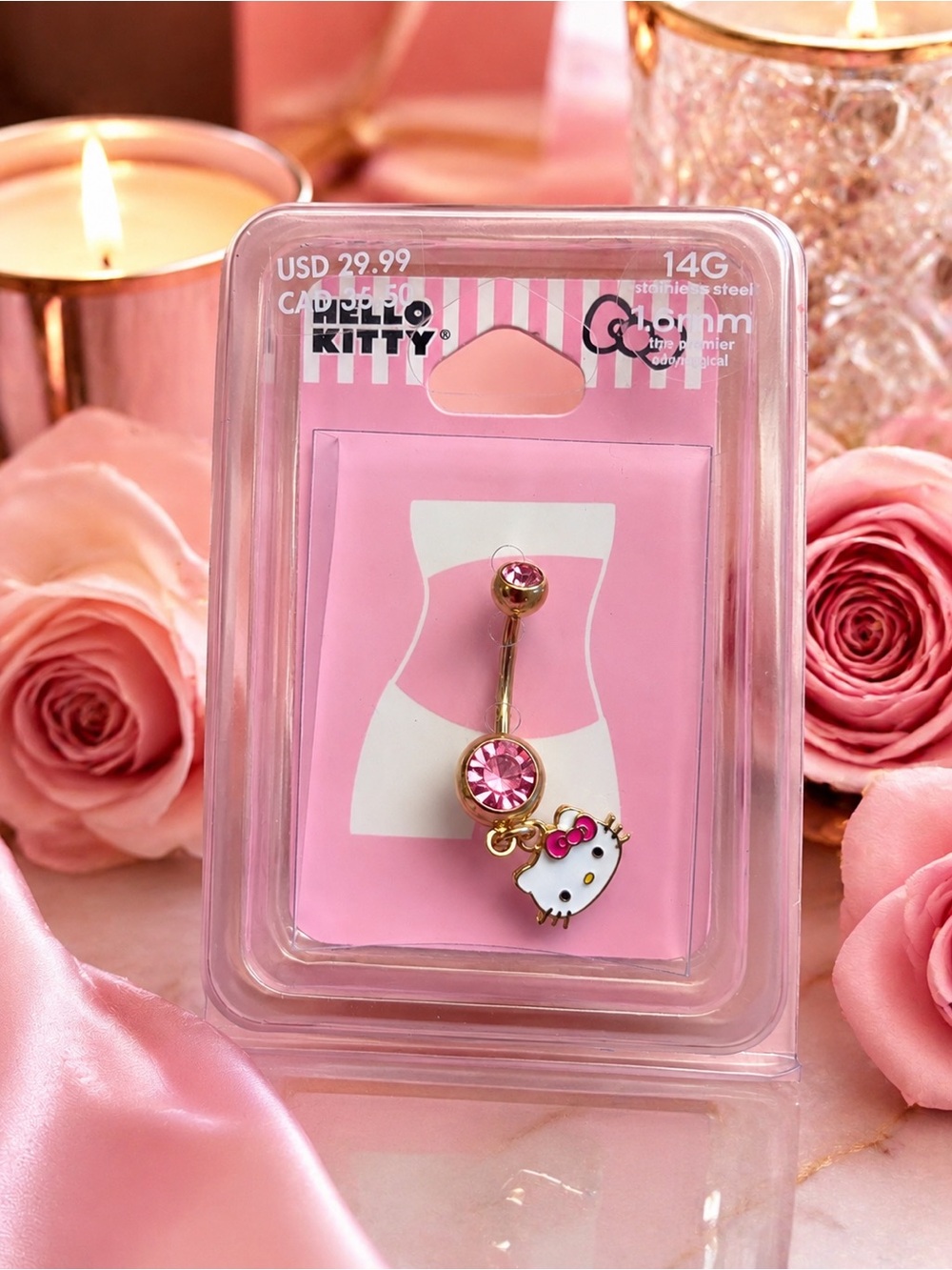 Hello Kitty Pink Crystal Belly Button Ring Dangle Charm